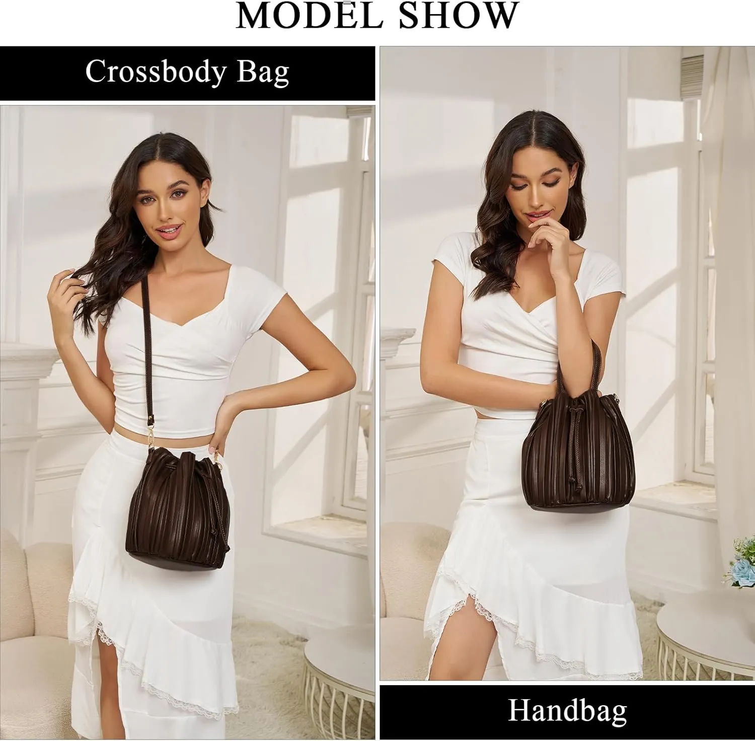 Bucket Bags for Women, Mini Leather Drawstring Crossbody Bucket Purses Pleated Shoulder Handbags