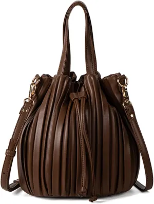 Bucket Bags for Women, Mini Leather Drawstring Crossbody Bucket Purses Pleated Shoulder Handbags