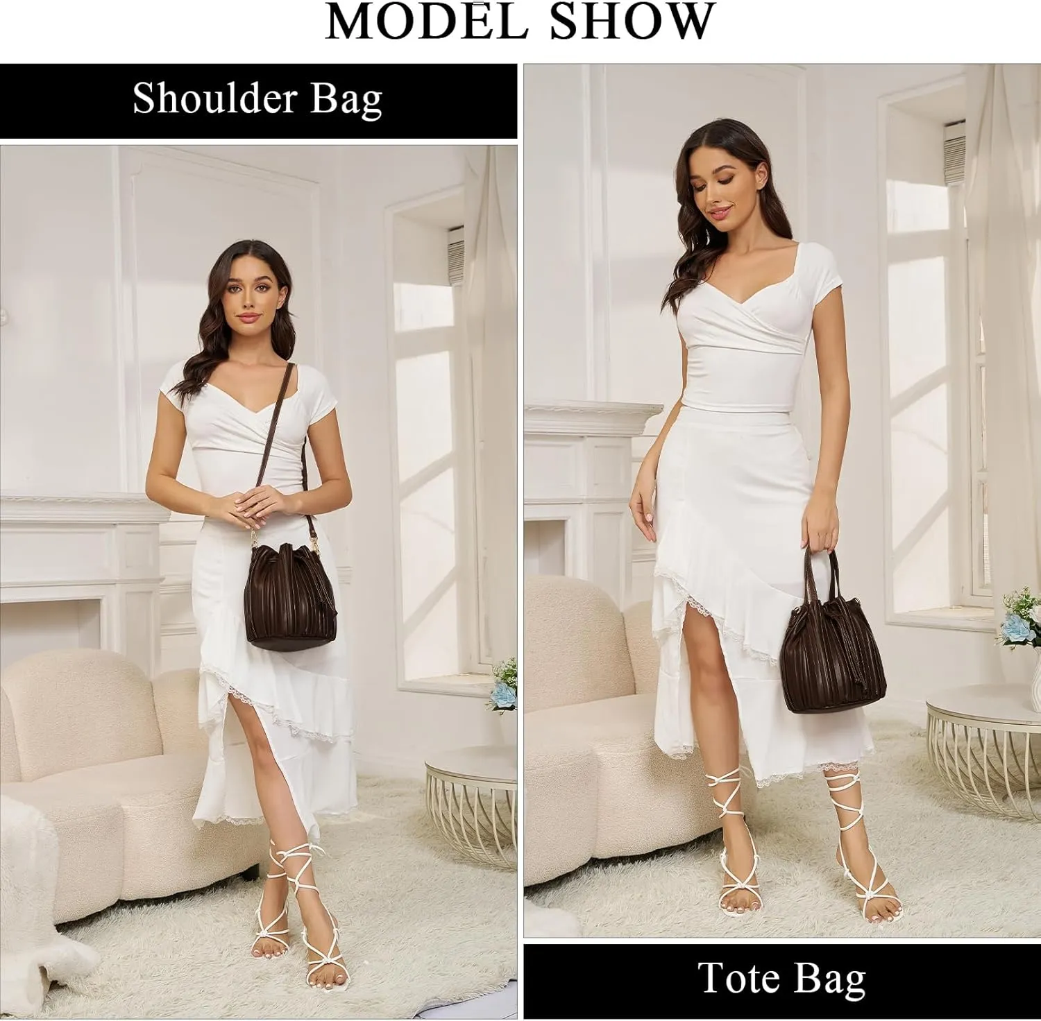 Bucket Bags for Women, Mini Leather Drawstring Crossbody Bucket Purses Pleated Shoulder Handbags