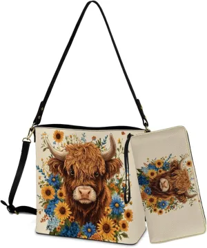 Bucket Crossbody Bag Set for Women Lady, Leather Purse and Wallet Set Large Bucket Bag with Wallet