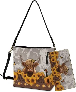 Bucket Crossbody Bag Set for Women Lady, Leather Purse and Wallet Set Large Bucket Bag with Wallet