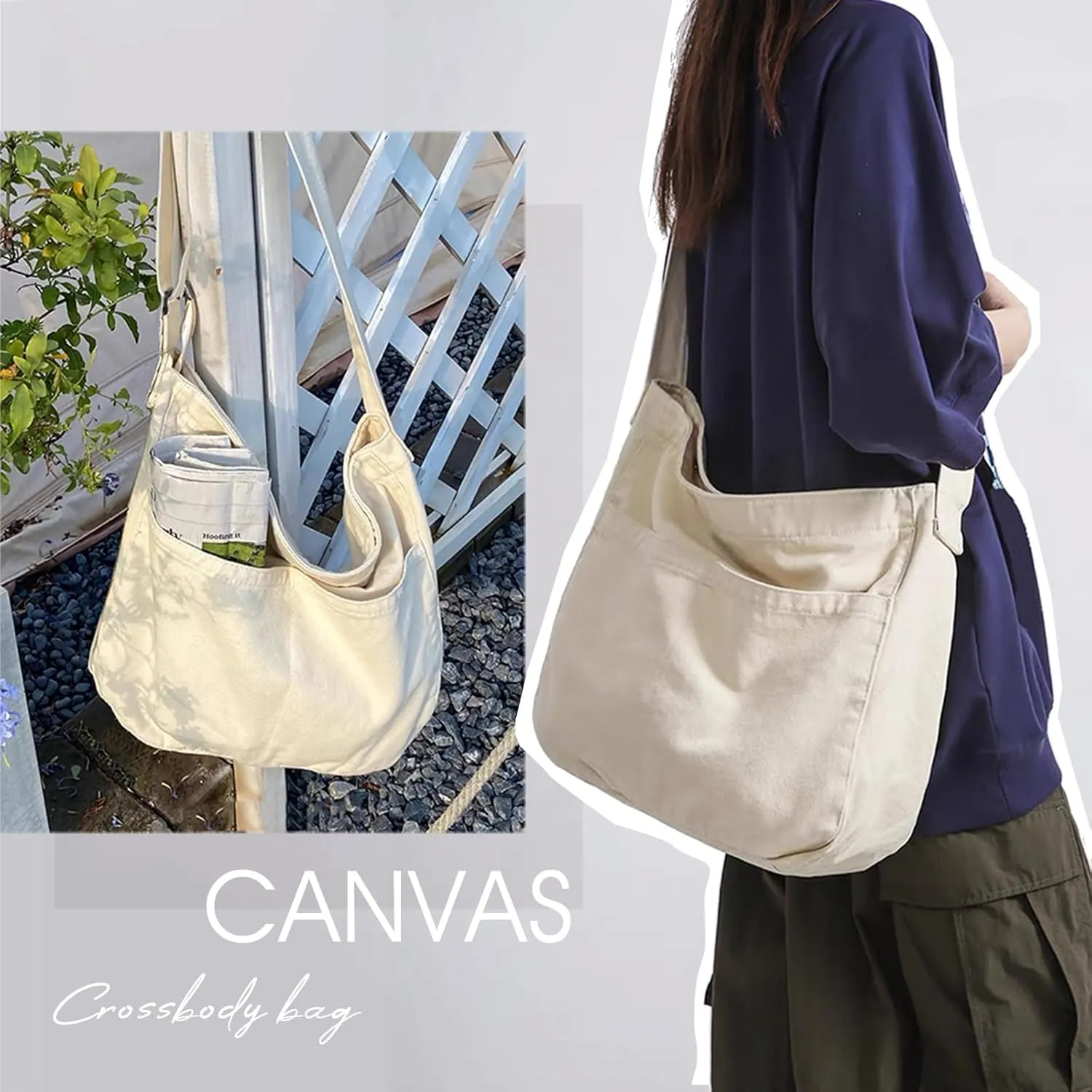 Canvas Tote Bag Casual Hobo Crossbody Shoulder Bag for Women and Men Large Purse Messenger Bag Travel Work