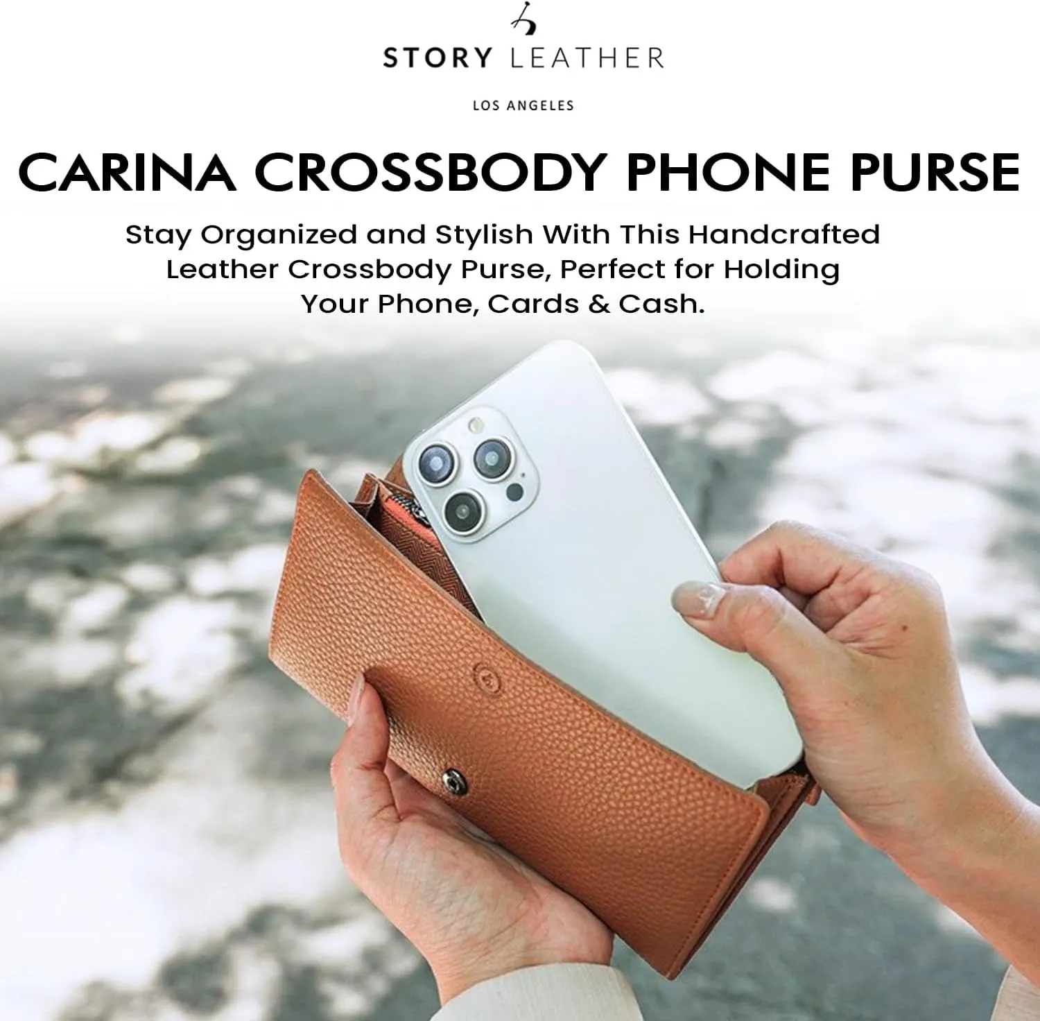 Carina XL Crossbody Phone Purse - Handcrafted Premium Calfskin Leather Clutch - Smartphone Organizer for Cash, Coins & Cards - Crossbody Wallet Compatible with iPhone Pro Max Series - Hazelnut
