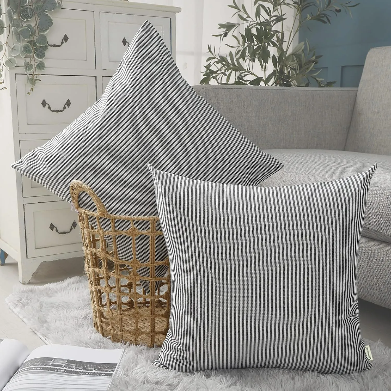 CARRIE HOME Black White Farmhouse Striped Pillow Covers 18x18 Set of 2 Black and White Farmhouse Decor Pillows for Sofa Bedroom and Chair