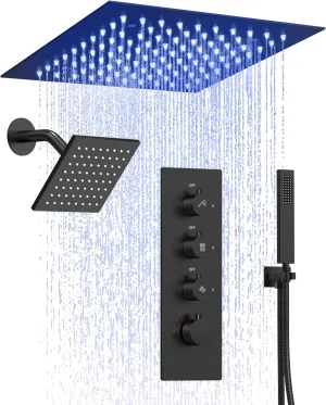 Celling Mount 12 Inch 64 Color LED Mood Lighting Rainfall Shower Faucet, Dual Rainfall Shower Head System (Matte Black)