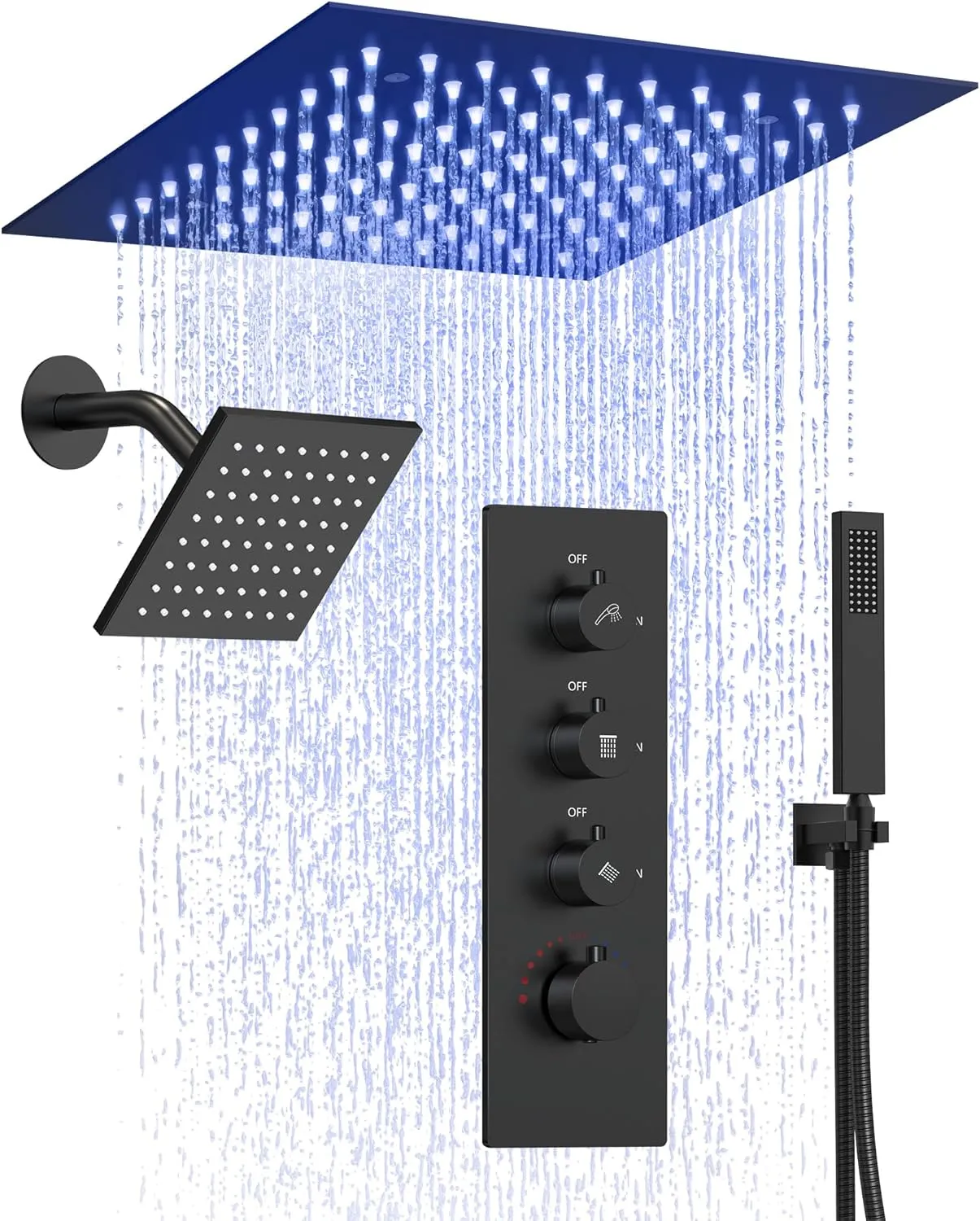 Celling Mount 12 Inch 64 Color LED Mood Lighting Rainfall Shower Faucet, Dual Rainfall Shower Head System (Matte Black)