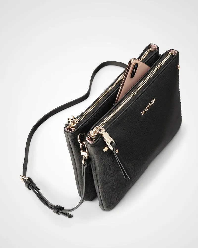 Charlotte Double Zip Crossbody Bag   Metallic Stripe Bag Strap