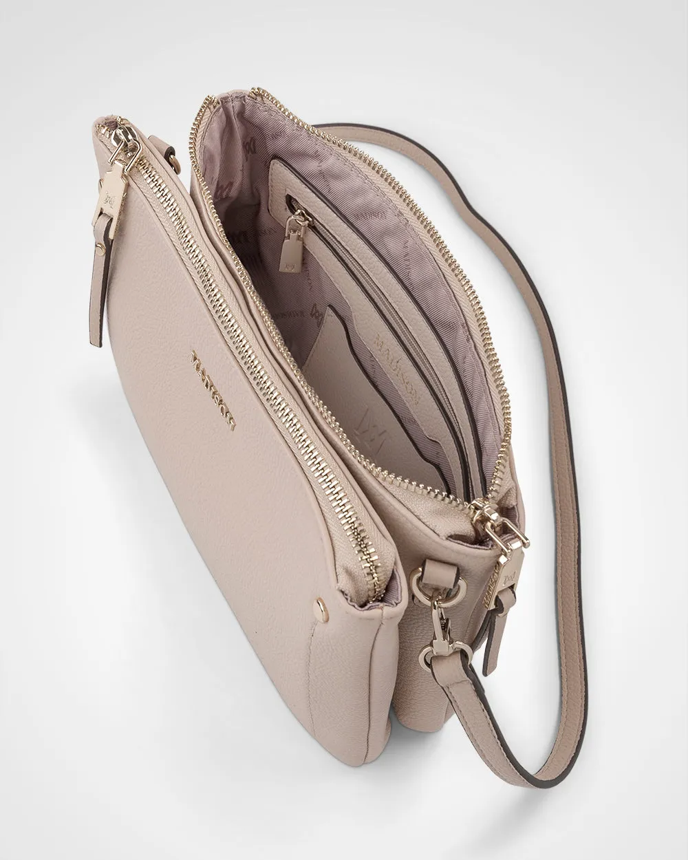 Charlotte Double Zip Crossbody Bag   Metallic Stripe Bag Strap