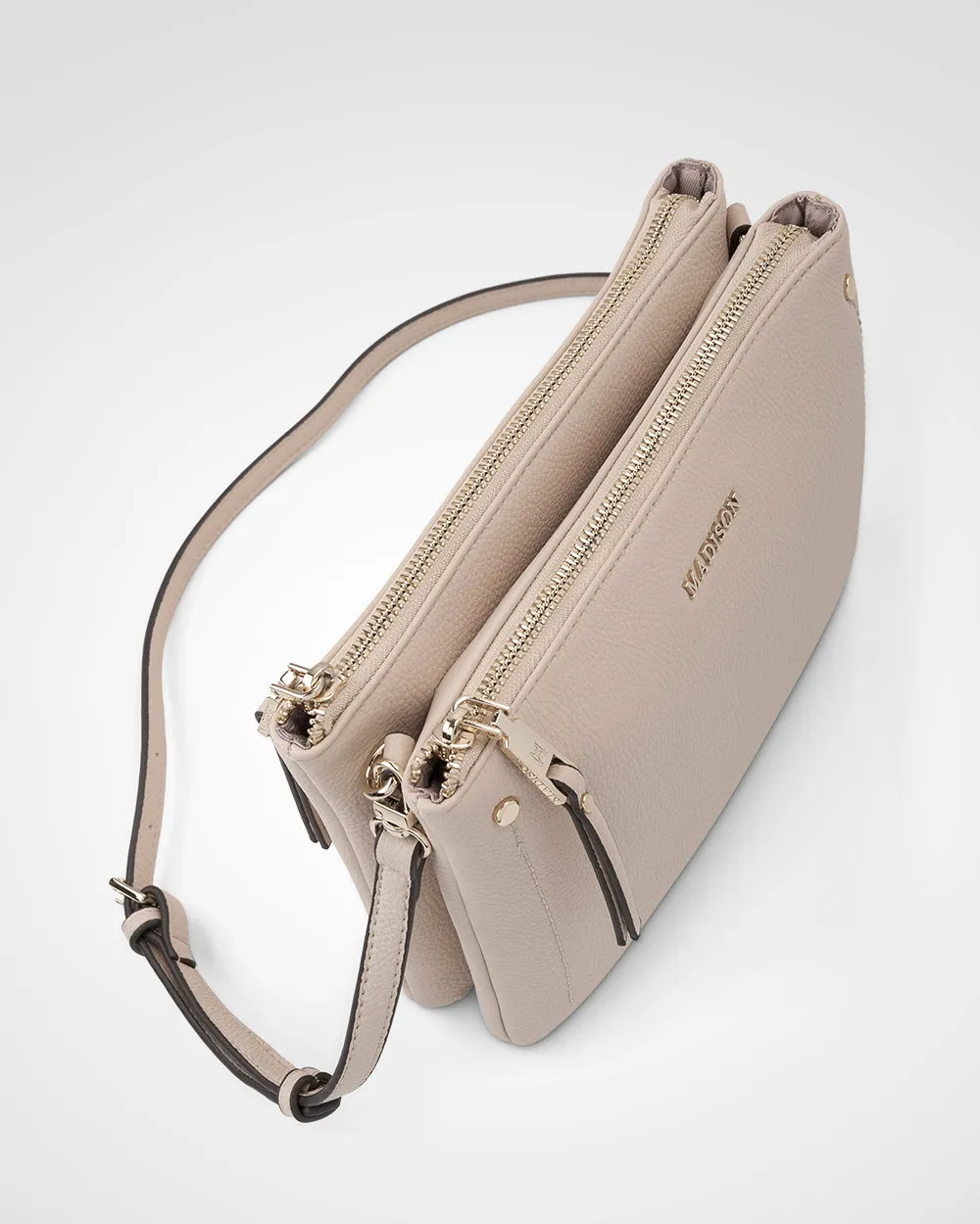 Charlotte Double Zip Crossbody Bag   Metallic Stripe Bag Strap