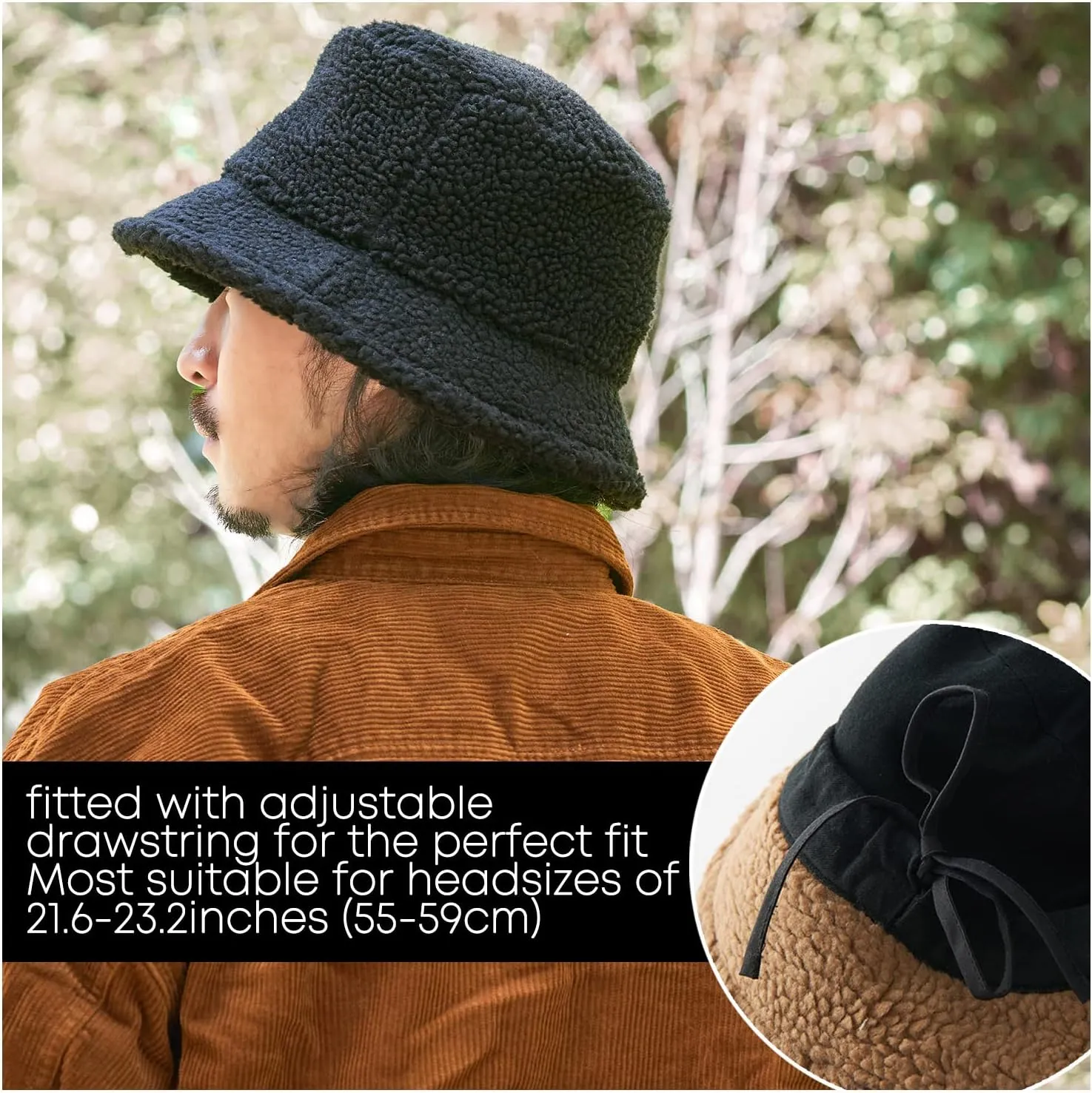CHARM Furry Winter Bucket Hat - Organic Cotton Mens Chemo Cap Faux Sherpa Teddy