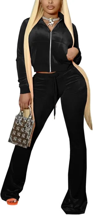 Chatinction Women's 2 Piece Outfit Velour Zip Up Crop Jacket and Bell Bottoms Long Pants with Pockets Tracksuit Set