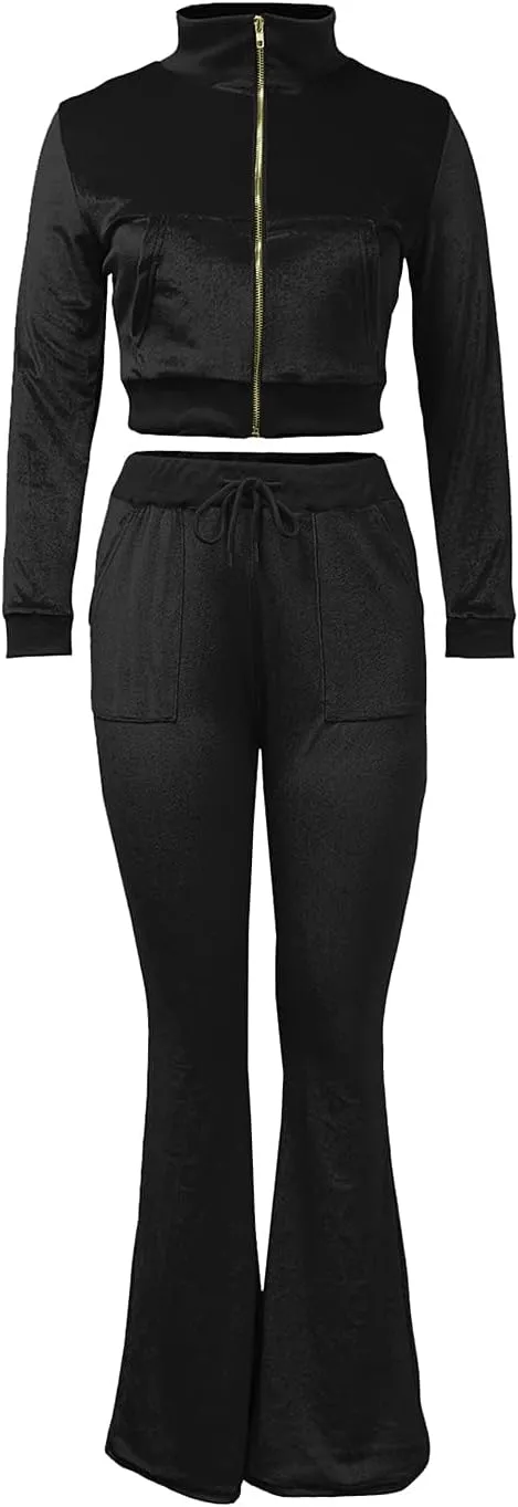 Chatinction Women's 2 Piece Outfit Velour Zip Up Crop Jacket and Bell Bottoms Long Pants with Pockets Tracksuit Set