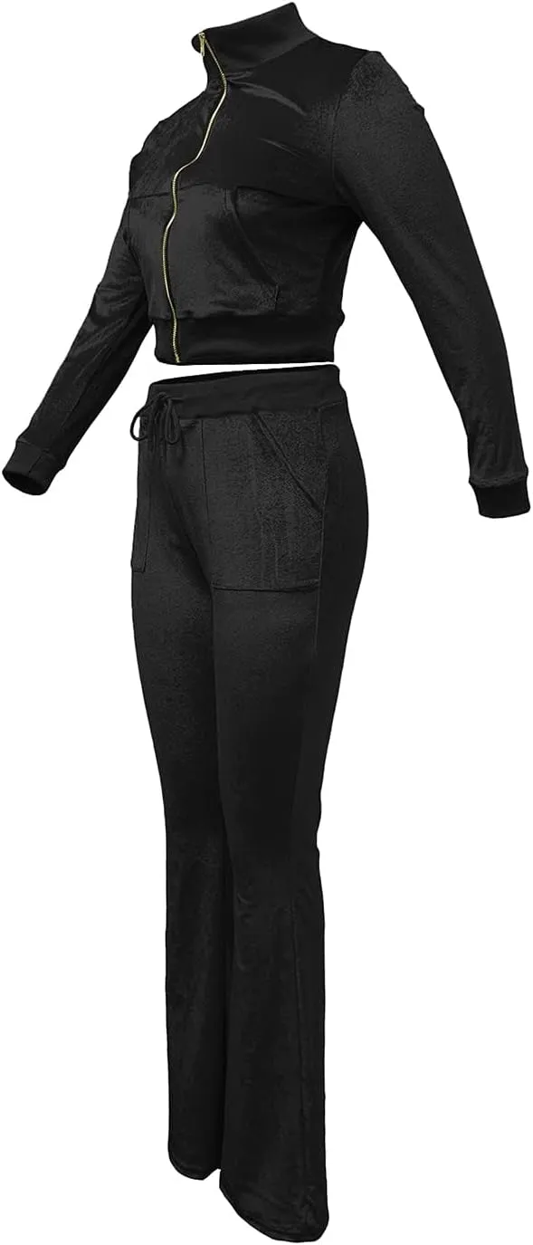 Chatinction Women's 2 Piece Outfit Velour Zip Up Crop Jacket and Bell Bottoms Long Pants with Pockets Tracksuit Set