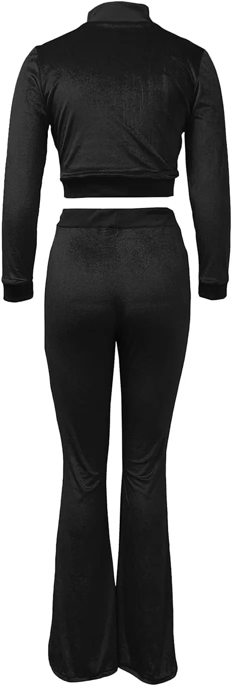 Chatinction Women's 2 Piece Outfit Velour Zip Up Crop Jacket and Bell Bottoms Long Pants with Pockets Tracksuit Set