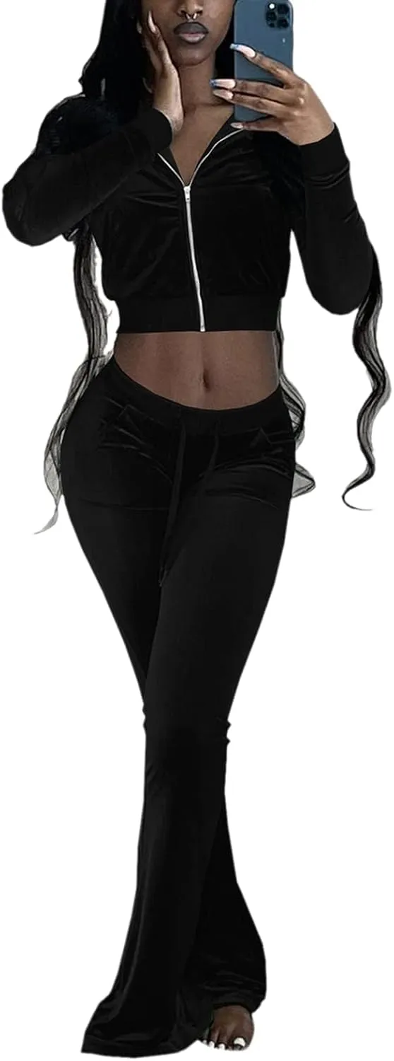 Chatinction Women's 2 Piece Outfit Velour Zip Up Crop Jacket and Bell Bottoms Long Pants with Pockets Tracksuit Set