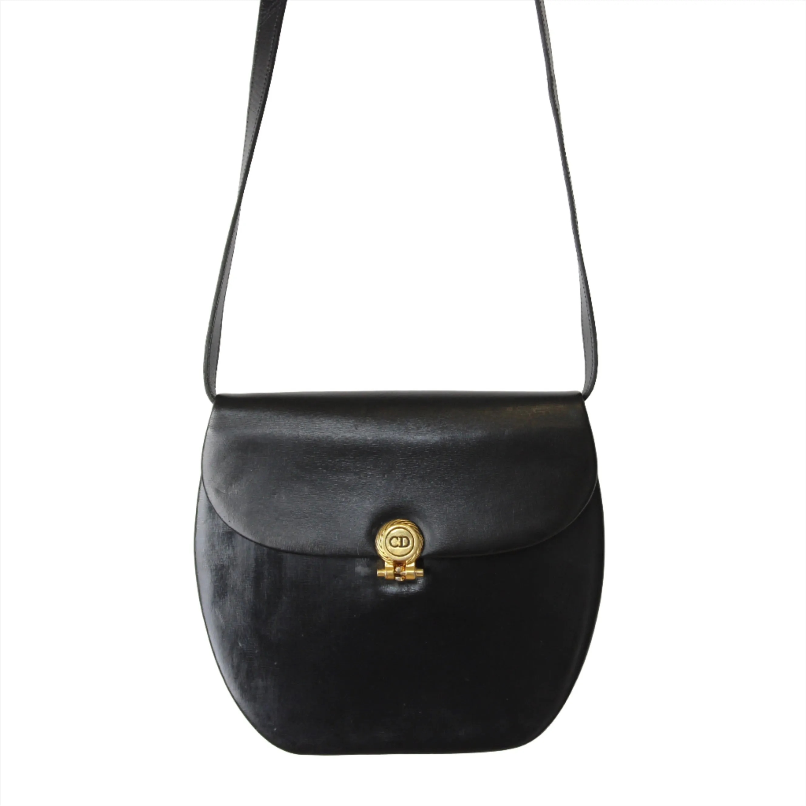 Christian Dior Black Leather Gold Logo Crossbody Bag Vintage