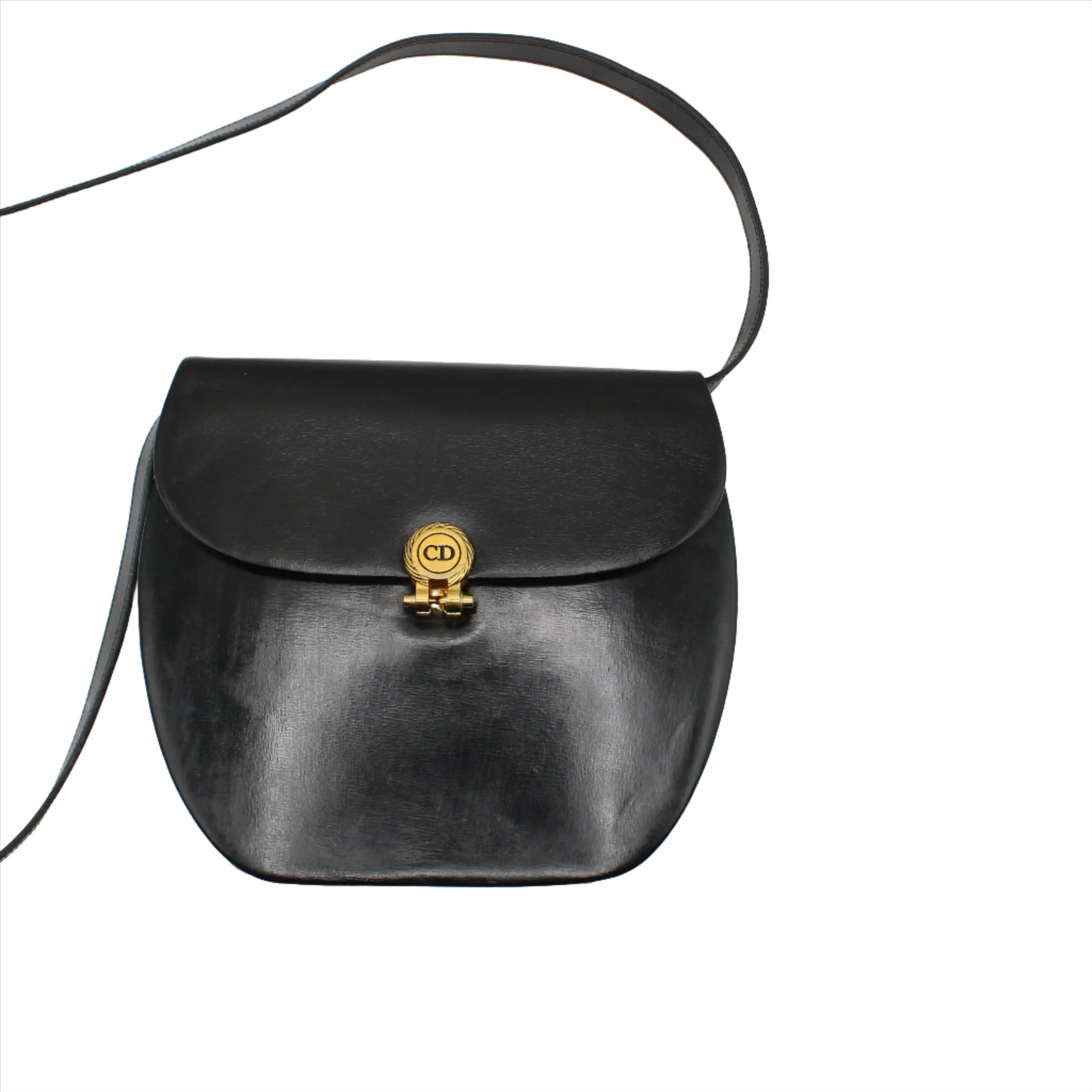Christian Dior Black Leather Gold Logo Crossbody Bag Vintage