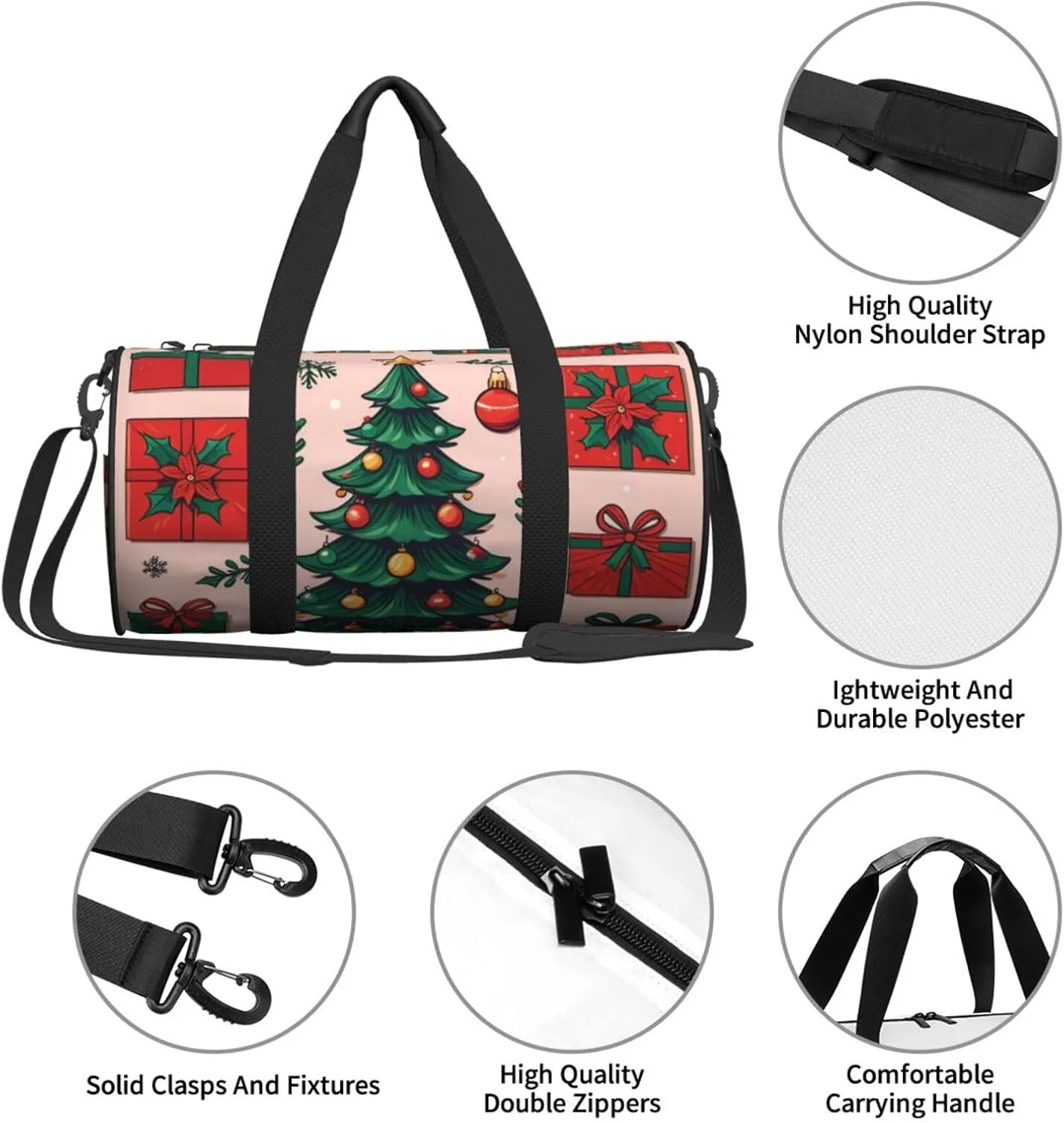 Christmas Tree and Gifts Printed Travel Bag,Round Personal Item Storage bag,Foldie Duffel Bag for Traveling Vacation,Fitness,Sports