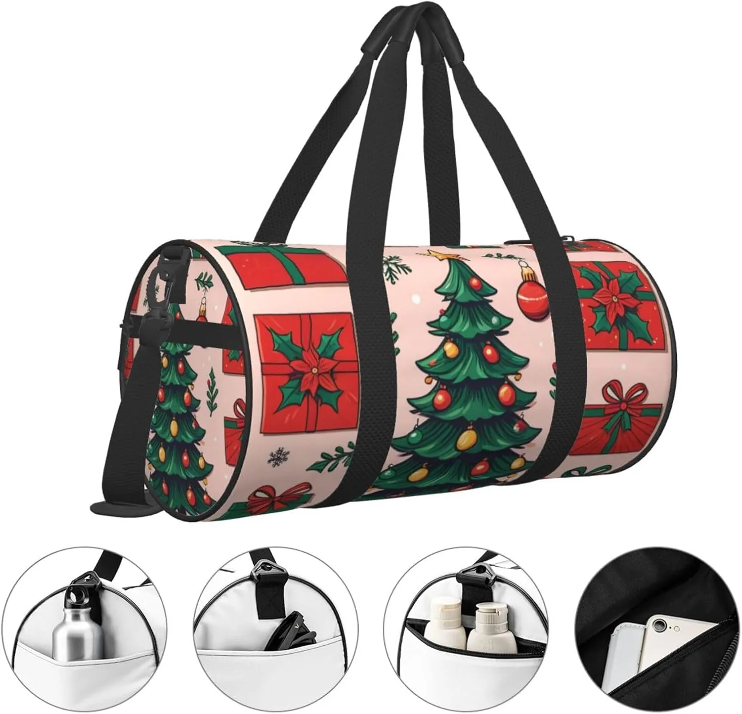 Christmas Tree and Gifts Printed Travel Bag,Round Personal Item Storage bag,Foldie Duffel Bag for Traveling Vacation,Fitness,Sports