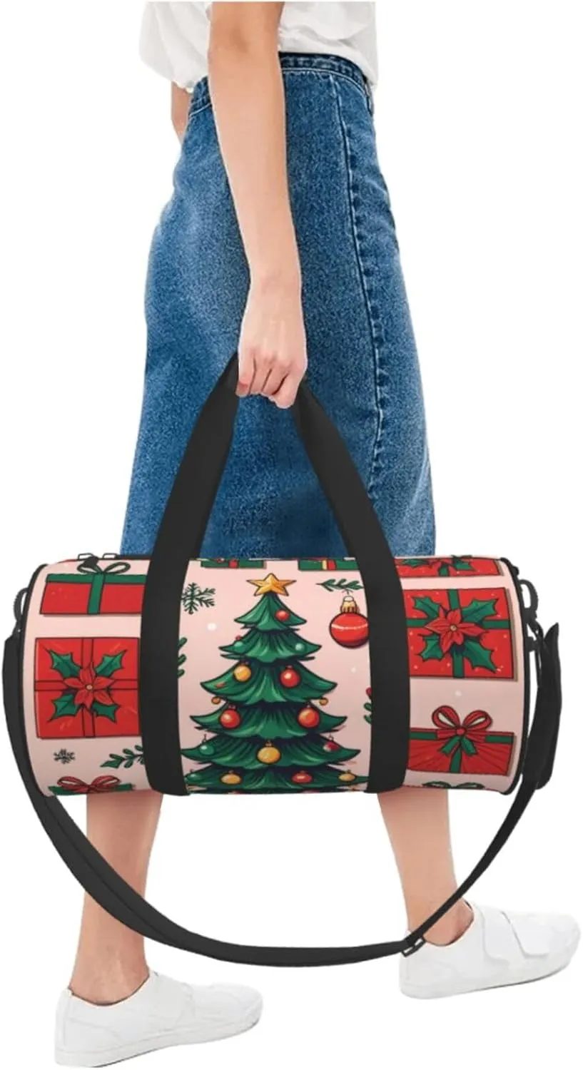 Christmas Tree and Gifts Printed Travel Bag,Round Personal Item Storage bag,Foldie Duffel Bag for Traveling Vacation,Fitness,Sports