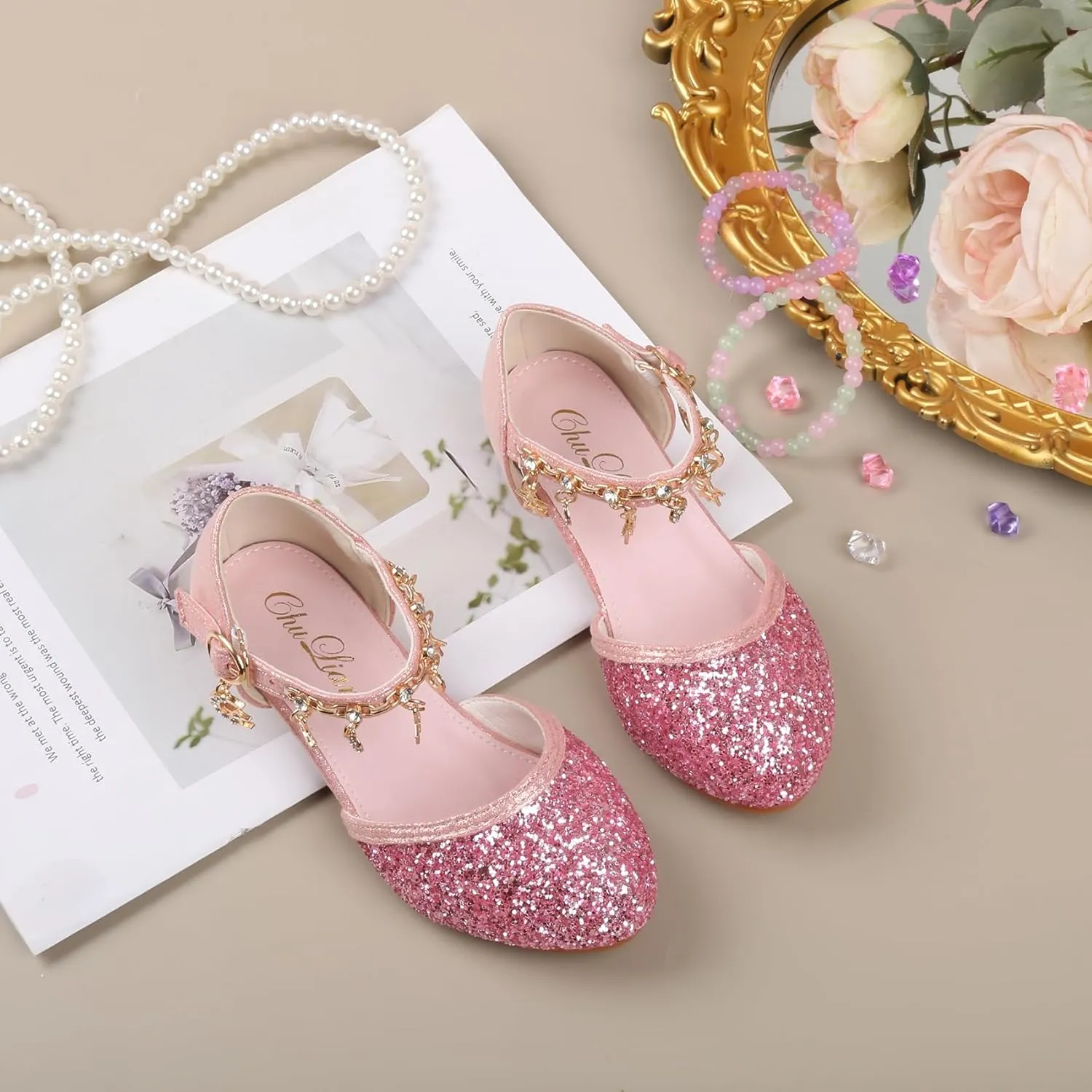 ChuLian Girls Dress Shoes Glitter Sequins Princess Low Heels Party Dance Shoes Party Wedding Flower Girls Sandals