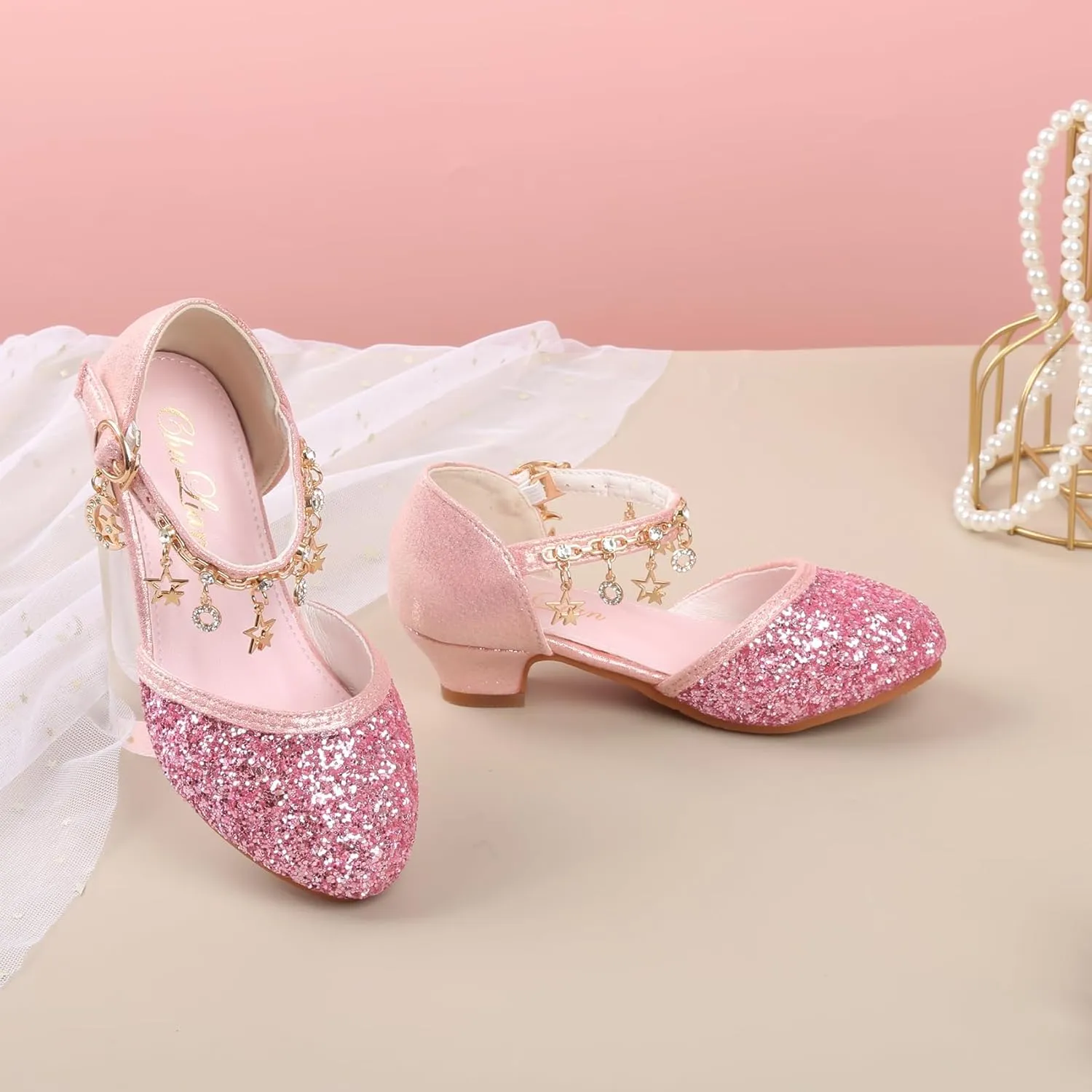 ChuLian Girls Dress Shoes Glitter Sequins Princess Low Heels Party Dance Shoes Party Wedding Flower Girls Sandals
