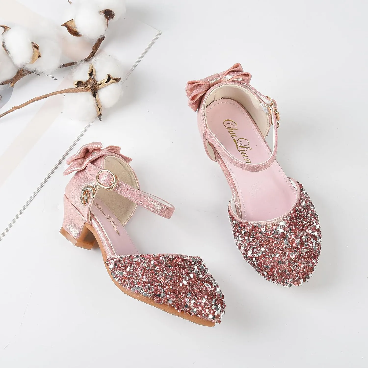 ChuLian Girls Sandals Little Kids Glitter Bow Dress Shoes Crystal Low Heel Sequins Princess Sandals Toddler Flower Wedding Party Shoes