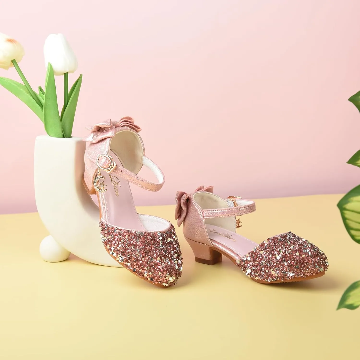 ChuLian Girls Sandals Little Kids Glitter Bow Dress Shoes Crystal Low Heel Sequins Princess Sandals Toddler Flower Wedding Party Shoes