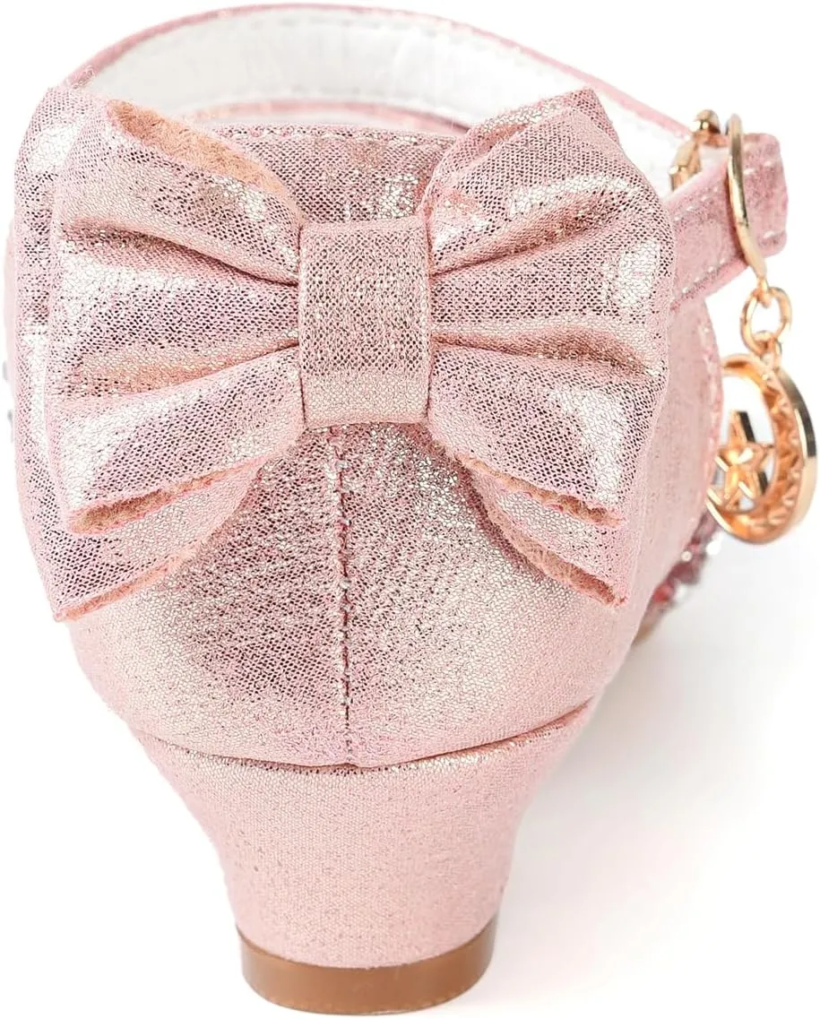 ChuLian Girls Sandals Little Kids Glitter Bow Dress Shoes Crystal Low Heel Sequins Princess Sandals Toddler Flower Wedding Party Shoes