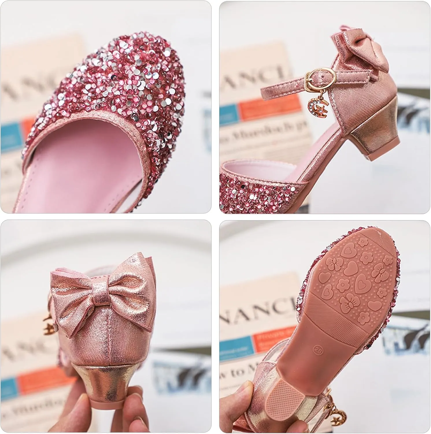 ChuLian Girls Sandals Little Kids Glitter Bow Dress Shoes Crystal Low Heel Sequins Princess Sandals Toddler Flower Wedding Party Shoes