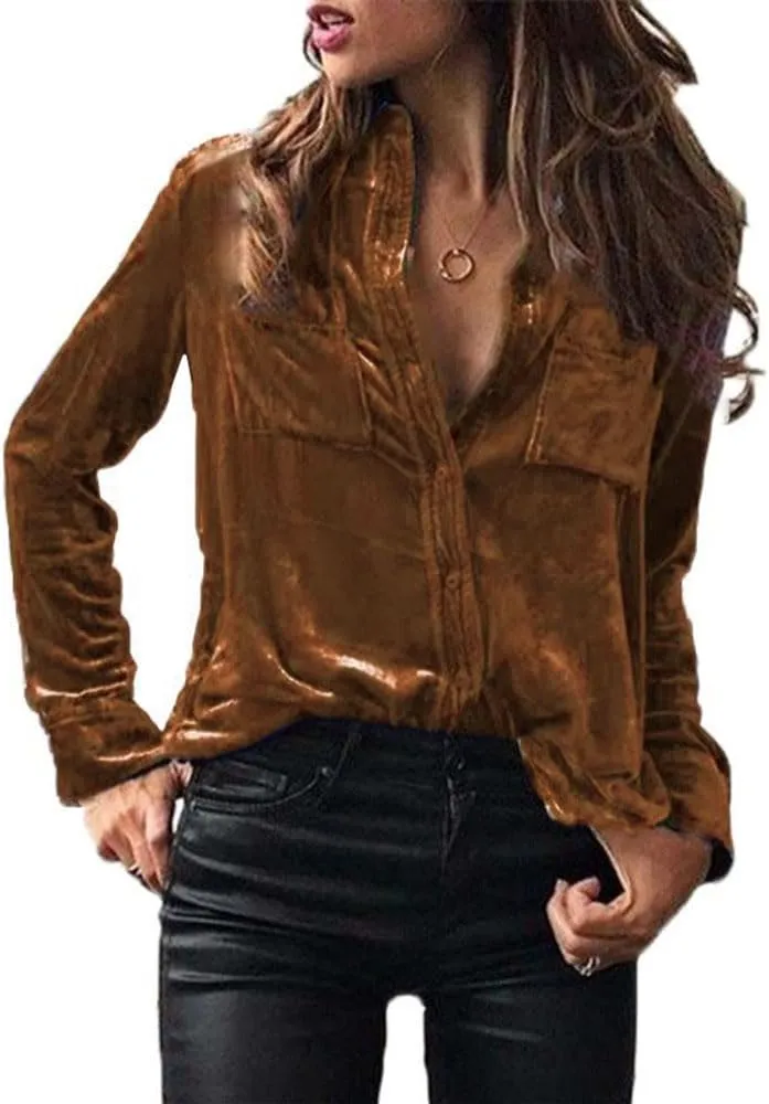 Chvity Velvet Tops for Women Vintage Long Sleeve Button Down Shirts Blouse for Pocket