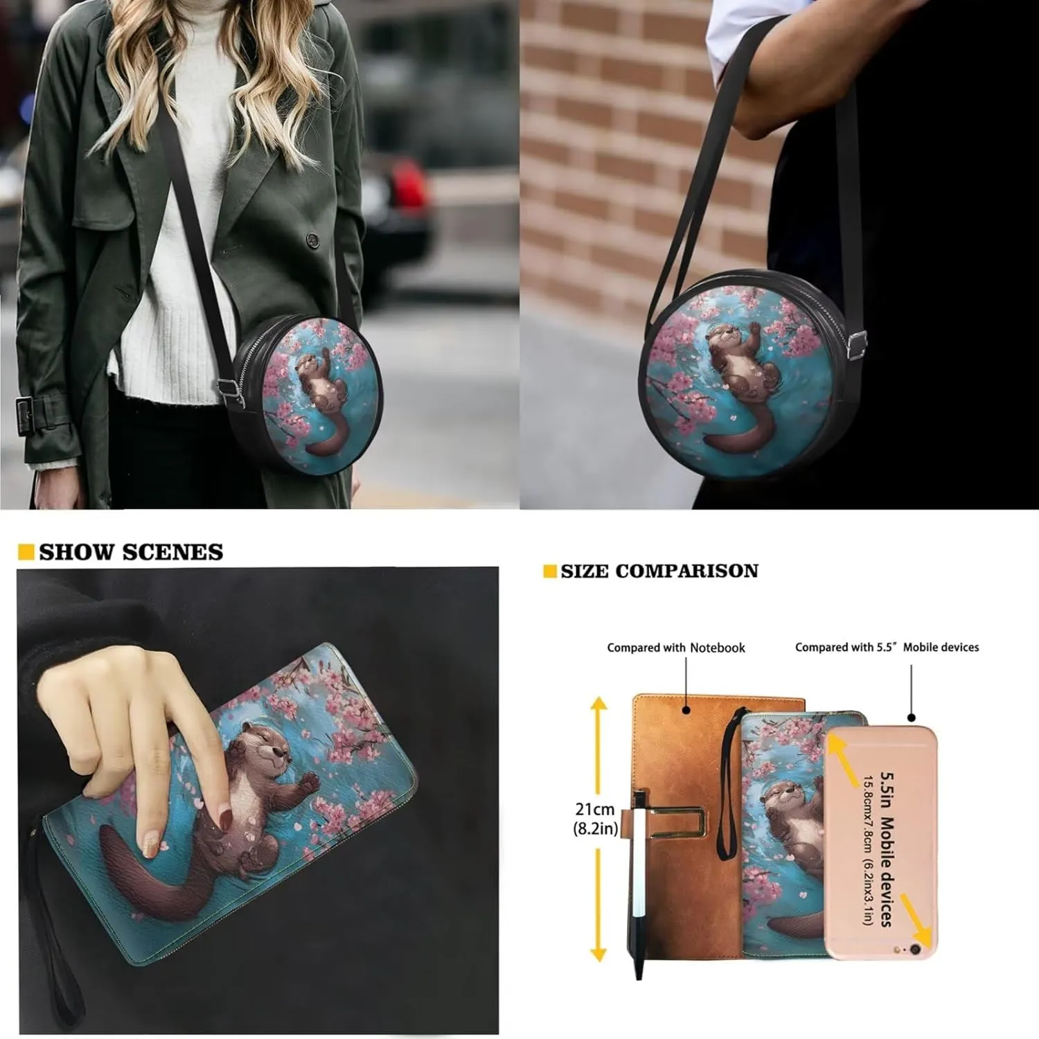 Circle Purse Set for Women Girls, PU Round Crossbody Bag with PU Wallet for Party Work