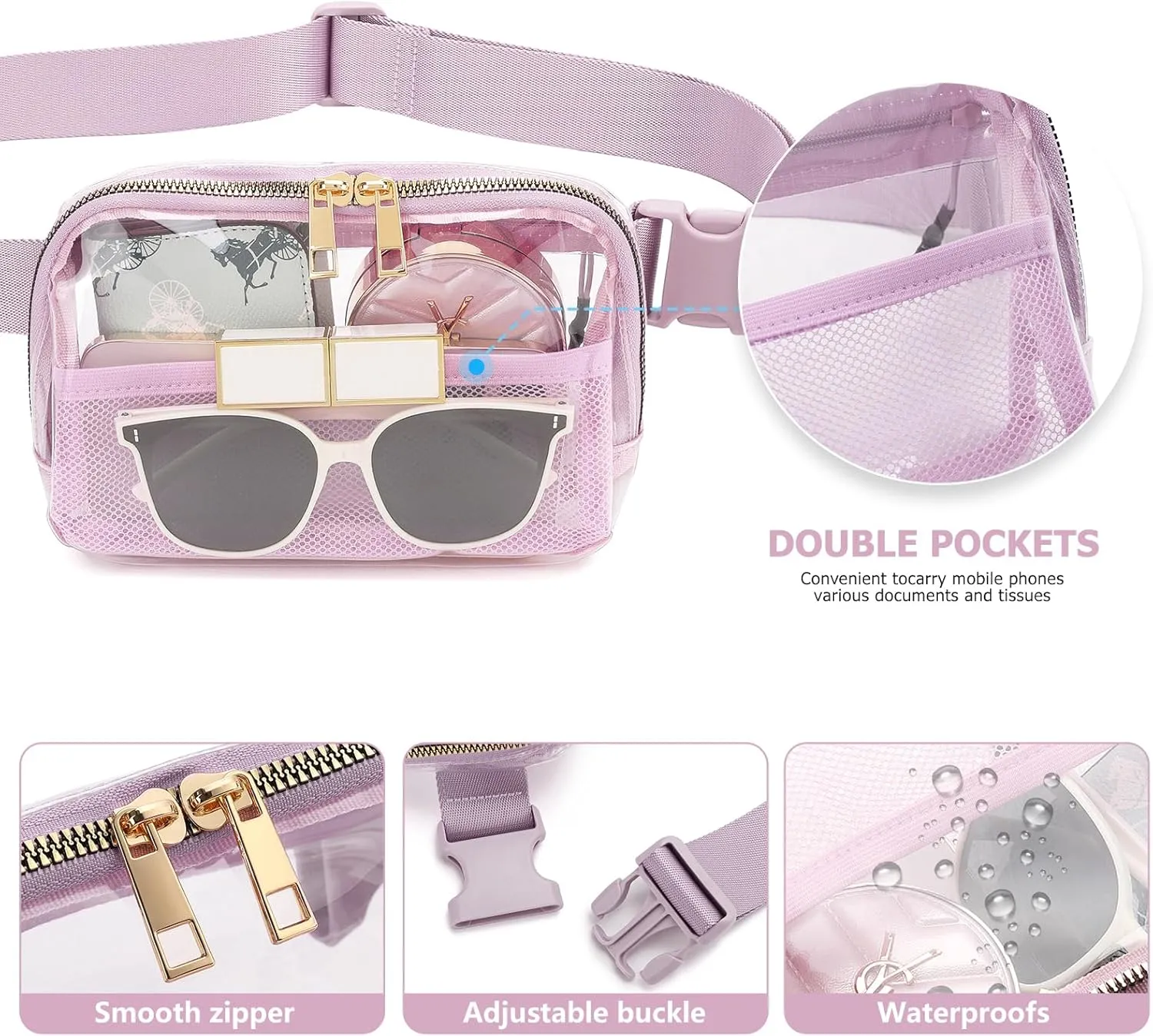 Clear Fanny Pack Belt Bag Stadium Approved for Women Men with Adjustable Strap Water-resistant Waist bag Clear Purse for Travel Workout Running Hiking(Light Purple)