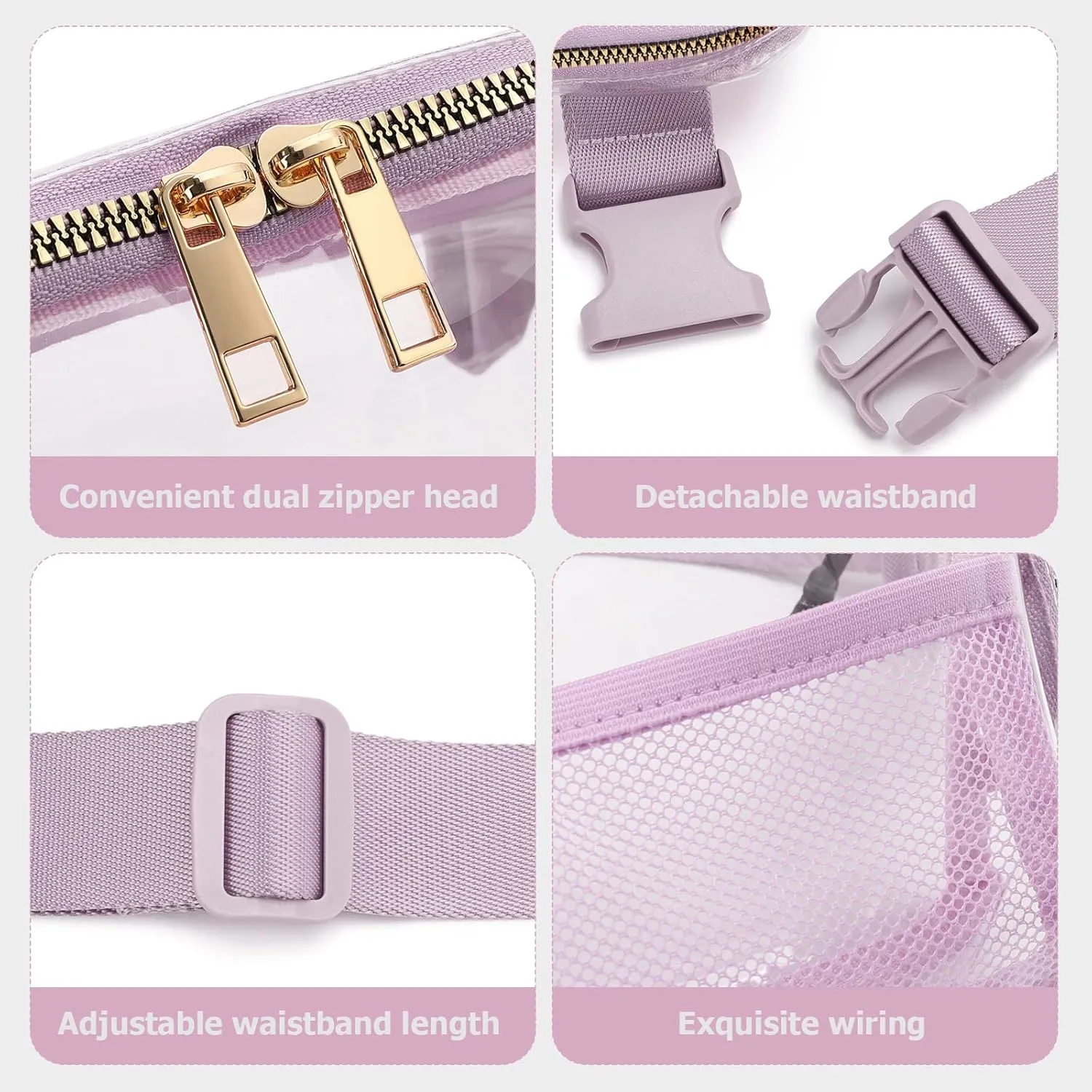 Clear Fanny Pack Belt Bag Stadium Approved for Women Men with Adjustable Strap Water-resistant Waist bag Clear Purse for Travel Workout Running Hiking(Light Purple)