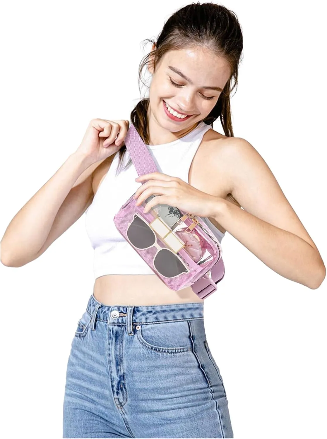 Clear Fanny Pack Belt Bag Stadium Approved for Women Men with Adjustable Strap Water-resistant Waist bag Clear Purse for Travel Workout Running Hiking(Light Purple)
