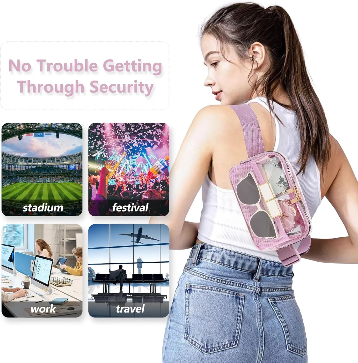 Clear Fanny Pack Belt Bag Stadium Approved for Women Men with Adjustable Strap Water-resistant Waist bag Clear Purse for Travel Workout Running Hiking(Light Purple)