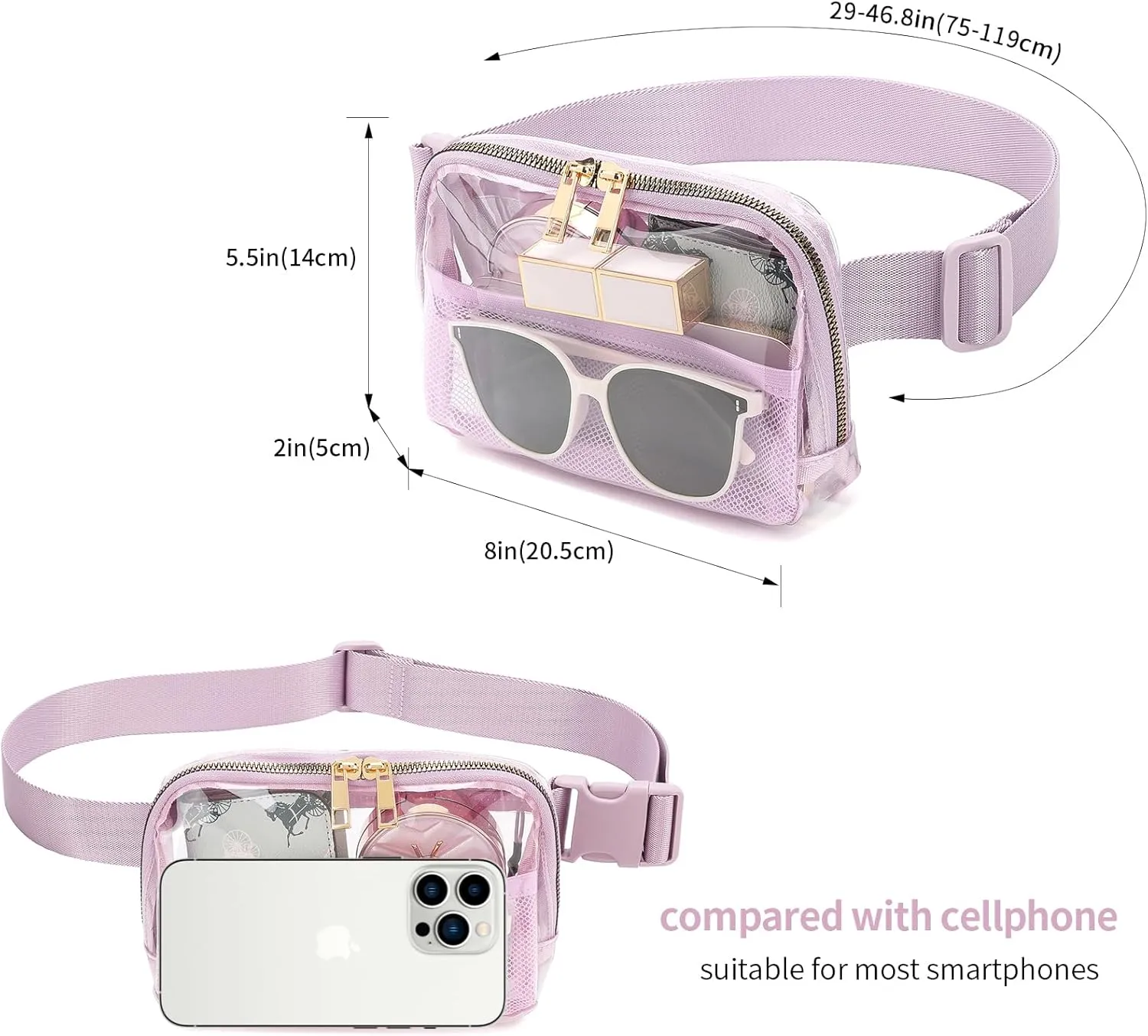 Clear Fanny Pack Belt Bag Stadium Approved for Women Men with Adjustable Strap Water-resistant Waist bag Clear Purse for Travel Workout Running Hiking(Light Purple)