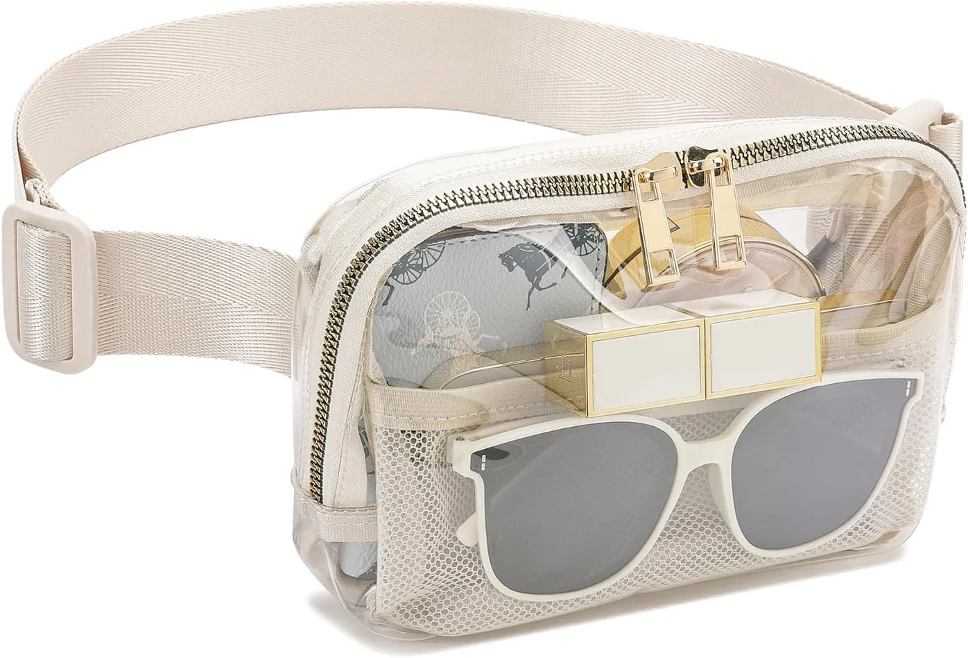 Clear Fanny Pack Stadium Approved for Women Men with Adjustable Strap,Crossbody Clear Belt Waist Bag Pouch for Concerts Hiking Running Beige