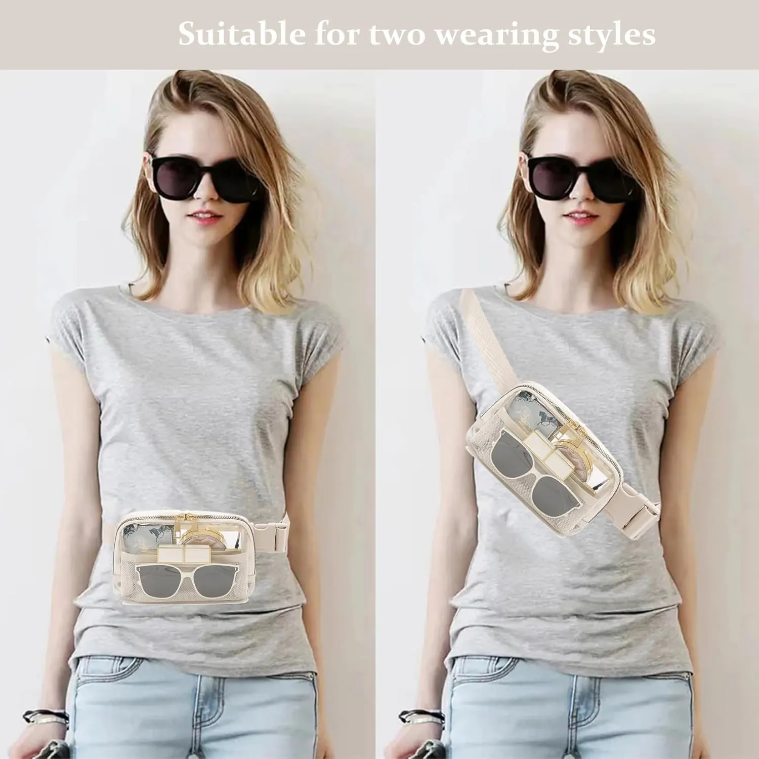 Clear Fanny Pack Stadium Approved for Women Men with Adjustable Strap,Crossbody Clear Belt Waist Bag Pouch for Concerts Hiking Running Beige