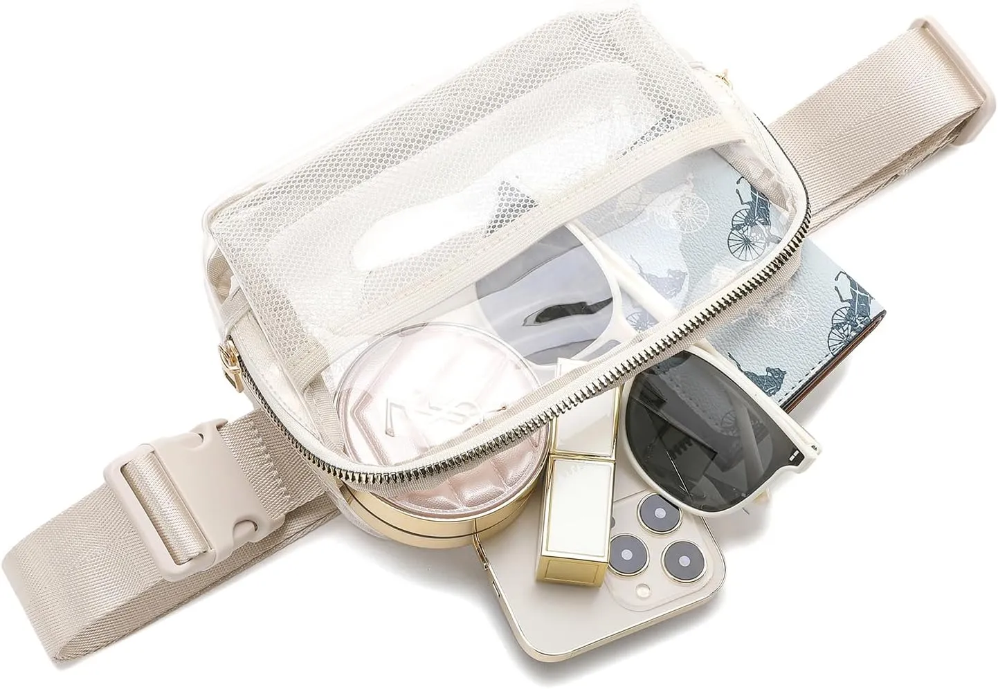 Clear Fanny Pack Stadium Approved for Women Men with Adjustable Strap,Crossbody Clear Belt Waist Bag Pouch for Concerts Hiking Running Beige