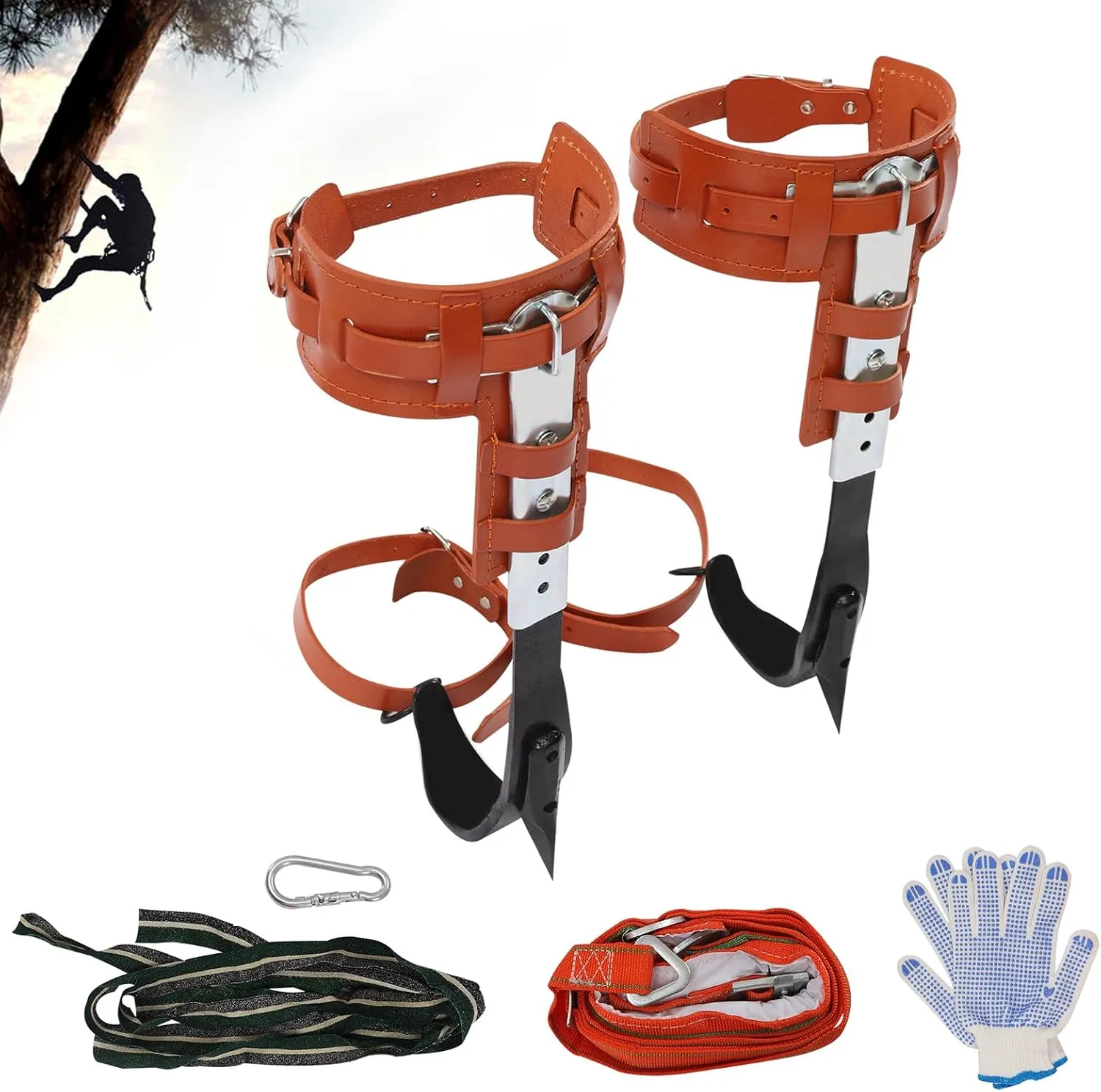 Climbing Tree Spikes with Multi-Functional Belt, Stainless Steel Climbing Trees Gear with Cattle Hide Leggings Straps and Extra Straps for Outdoor Jungle Survival Fruit Picking