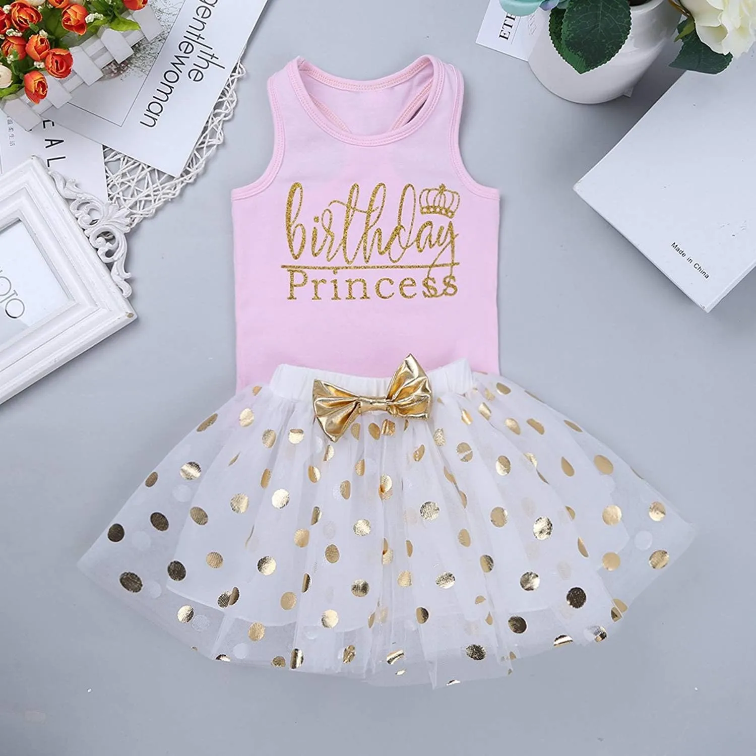 CM C&M WODRO Toddler Kids Baby Girls Birthday Princess Outfits Vest Sleeveless Tank Top Dot Mesh Tutu Skirt Set
