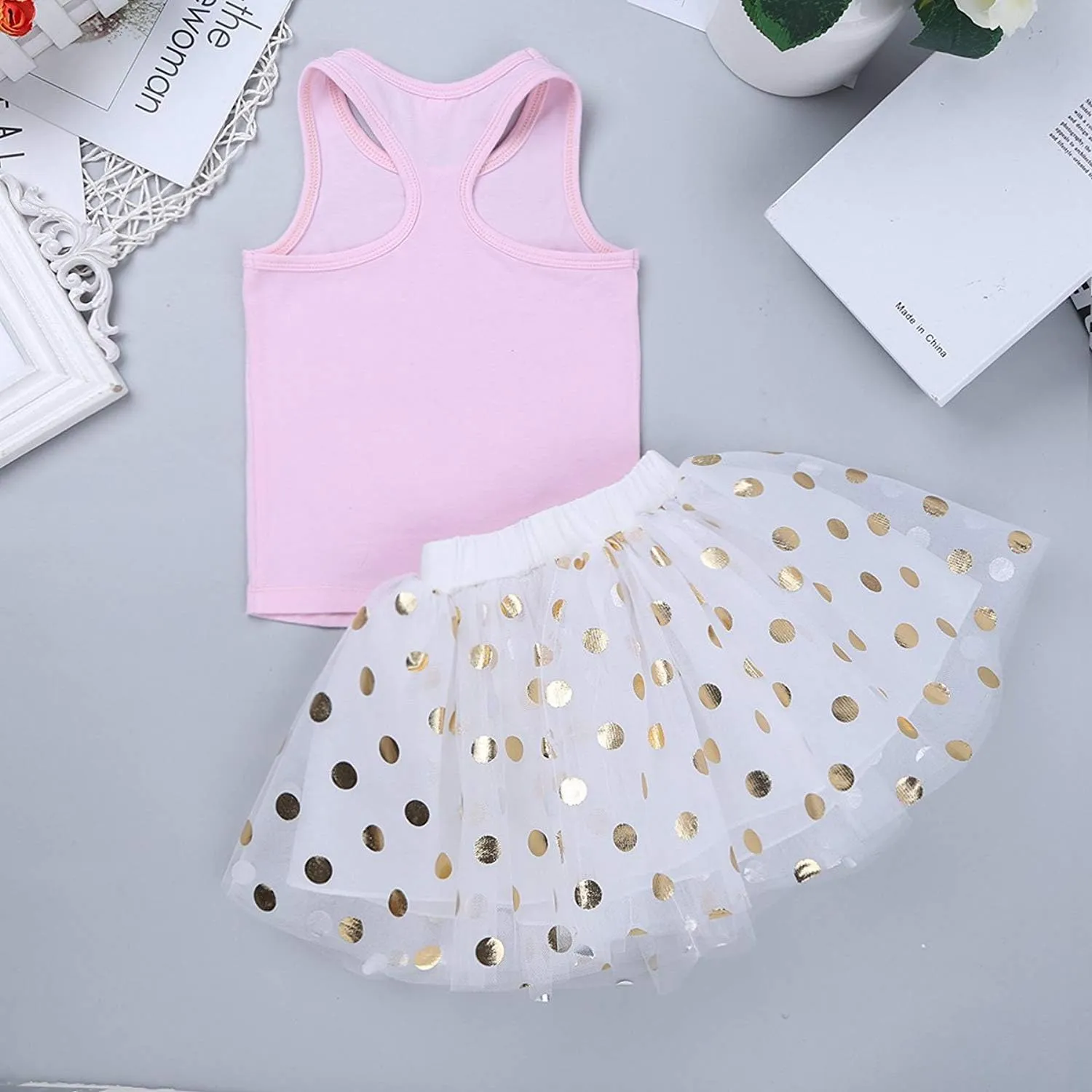 CM C&M WODRO Toddler Kids Baby Girls Birthday Princess Outfits Vest Sleeveless Tank Top Dot Mesh Tutu Skirt Set