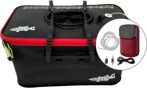 Collapsible Fishing Bucket with Air Pump - Live Bait Bucket with Aerator (6 Gallon/10 Gallon) - Leak Proof with Side Pocket & Shoulder Strap | Durable & Sturdy (Black/Red R23 Pump, Large)