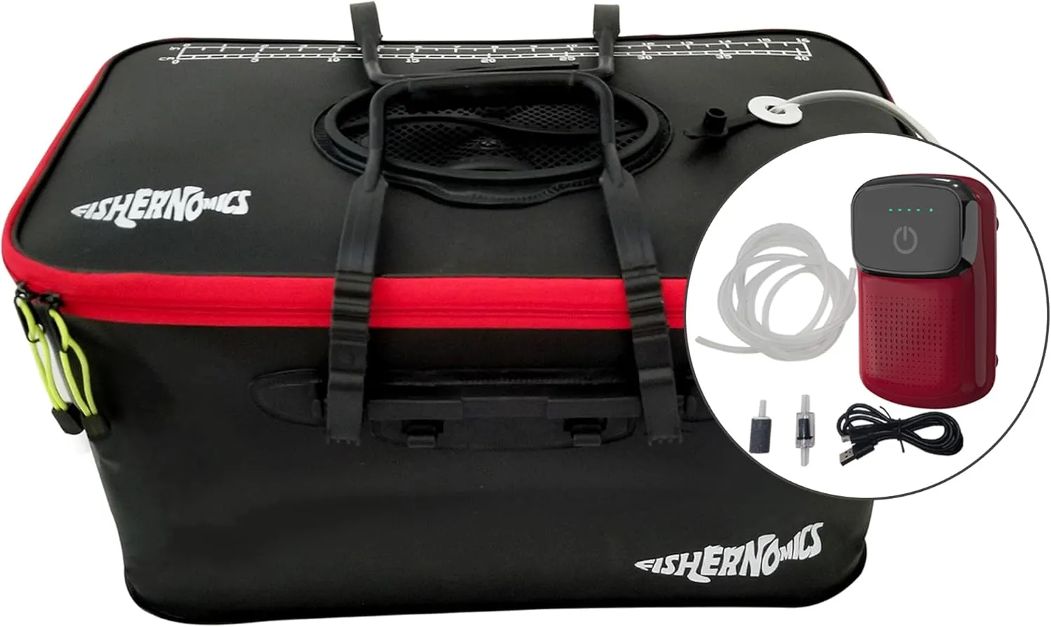 Collapsible Fishing Bucket with Air Pump - Live Bait Bucket with Aerator (6 Gallon/10 Gallon) - Leak Proof with Side Pocket & Shoulder Strap | Durable & Sturdy (Black/Red R23 Pump, Large)