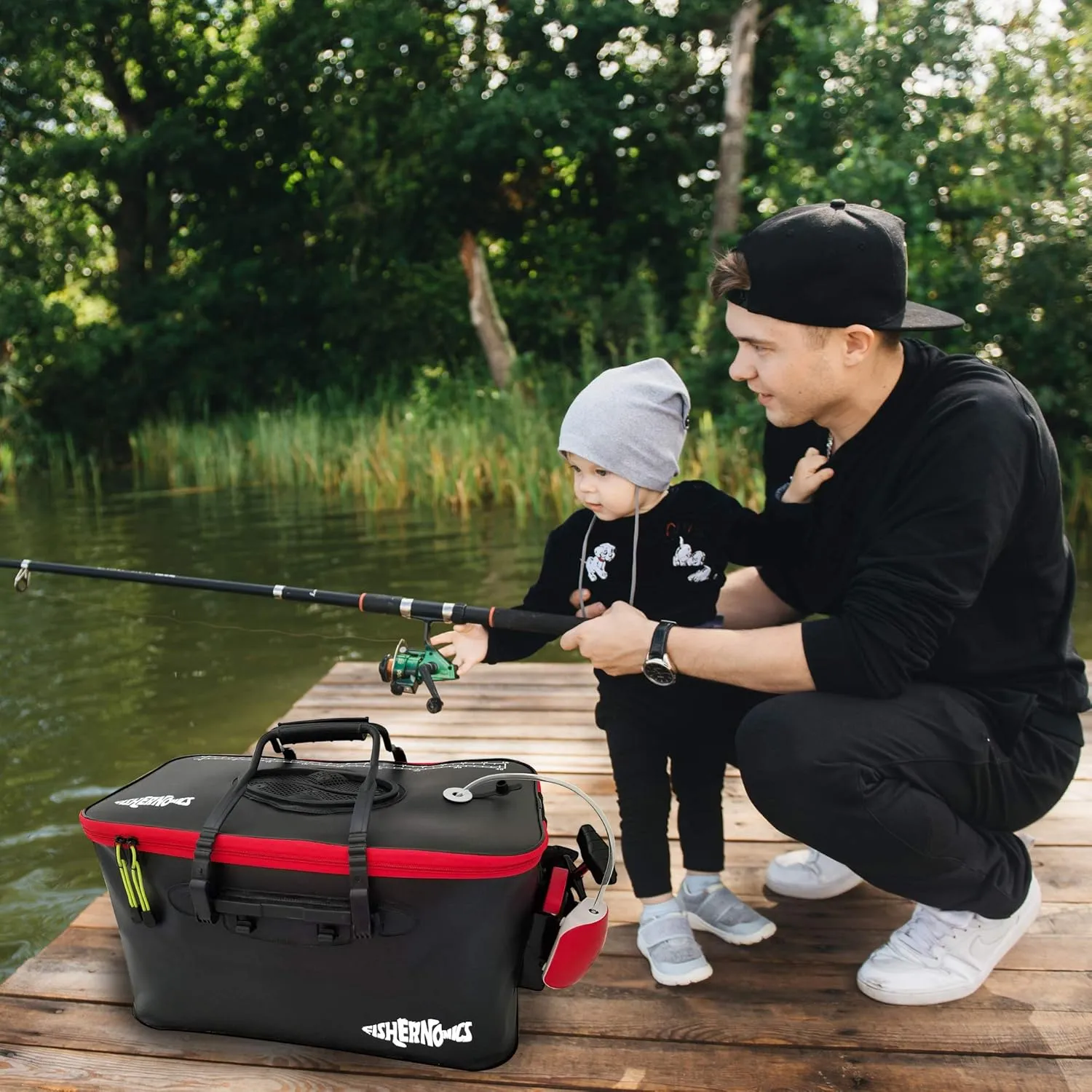 Collapsible Fishing Bucket with Air Pump - Live Bait Bucket with Aerator (6 Gallon/10 Gallon) - Leak Proof with Side Pocket & Shoulder Strap | Durable & Sturdy (Black/Red R23 Pump, Large)