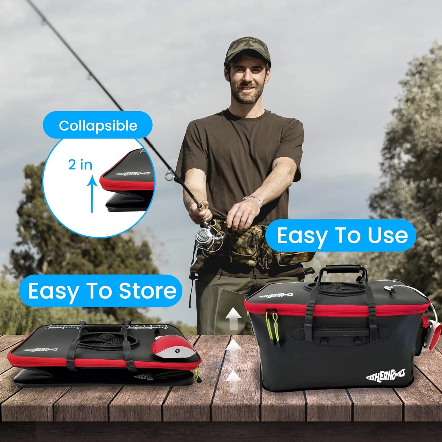 Collapsible Fishing Bucket with Air Pump - Live Bait Bucket with Aerator (6 Gallon/10 Gallon) - Leak Proof with Side Pocket & Shoulder Strap | Durable & Sturdy (Black/Red R23 Pump, Large)