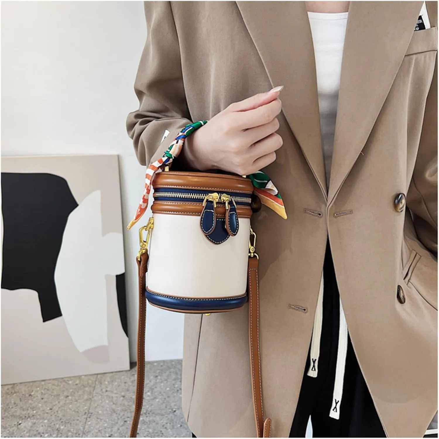 Colorblock Bucket Bag For Women, 2025 New Summer Design Cylinder Bag, Fashionable Crossbody Bag for Womens