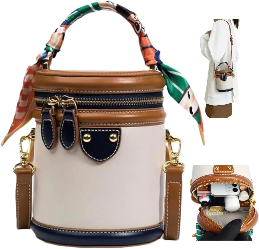 Colorblock Bucket Bag for Women, 2025 New Summer Niche Design Cylinder Bag, Luxury Leather Bucket Handbag,Ribbon Handle