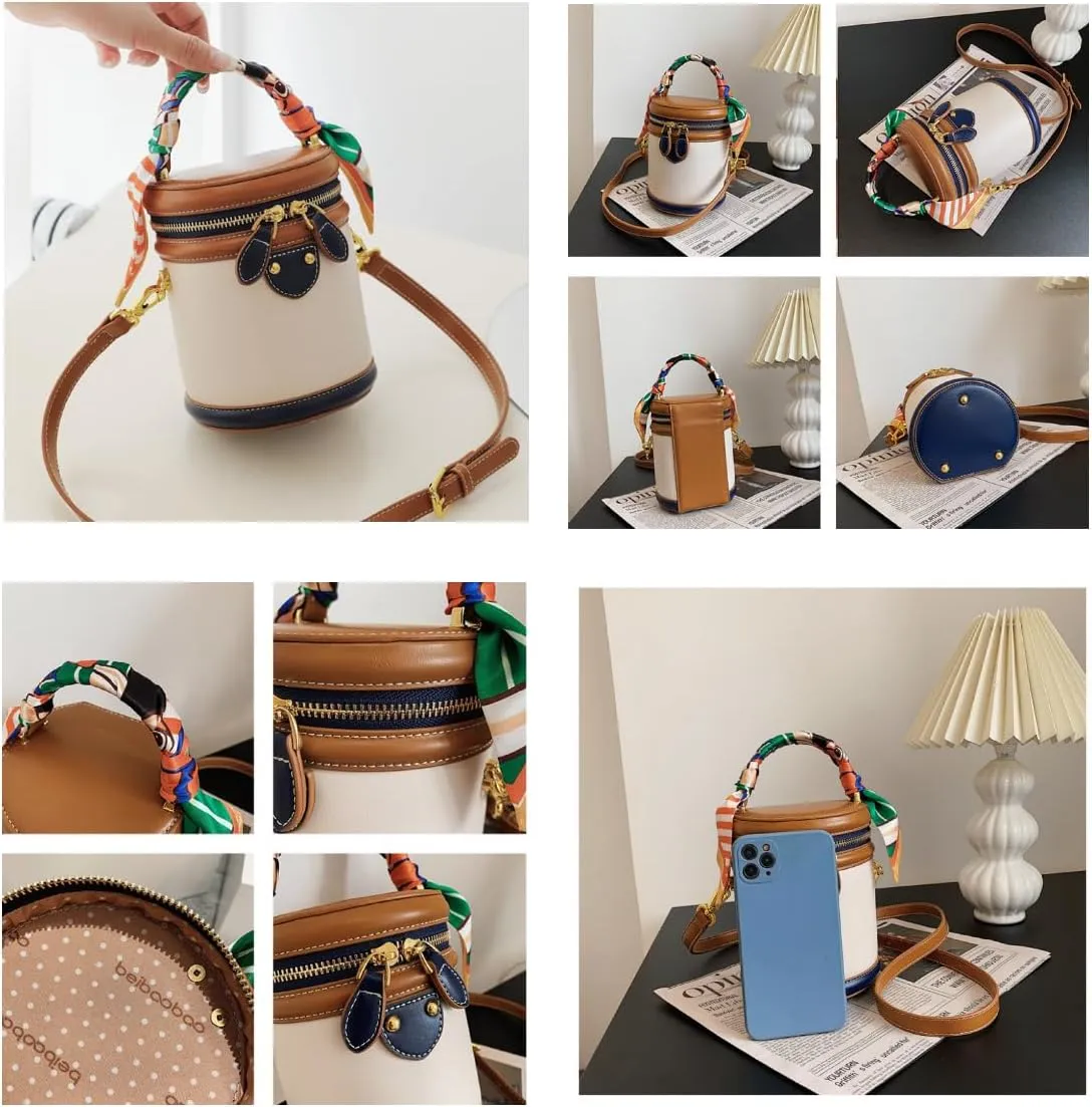 Colorblock Bucket Bag for Women, 2025 New Summer Niche Design Cylinder Bag, Luxury Leather Bucket Handbag,Ribbon Handle